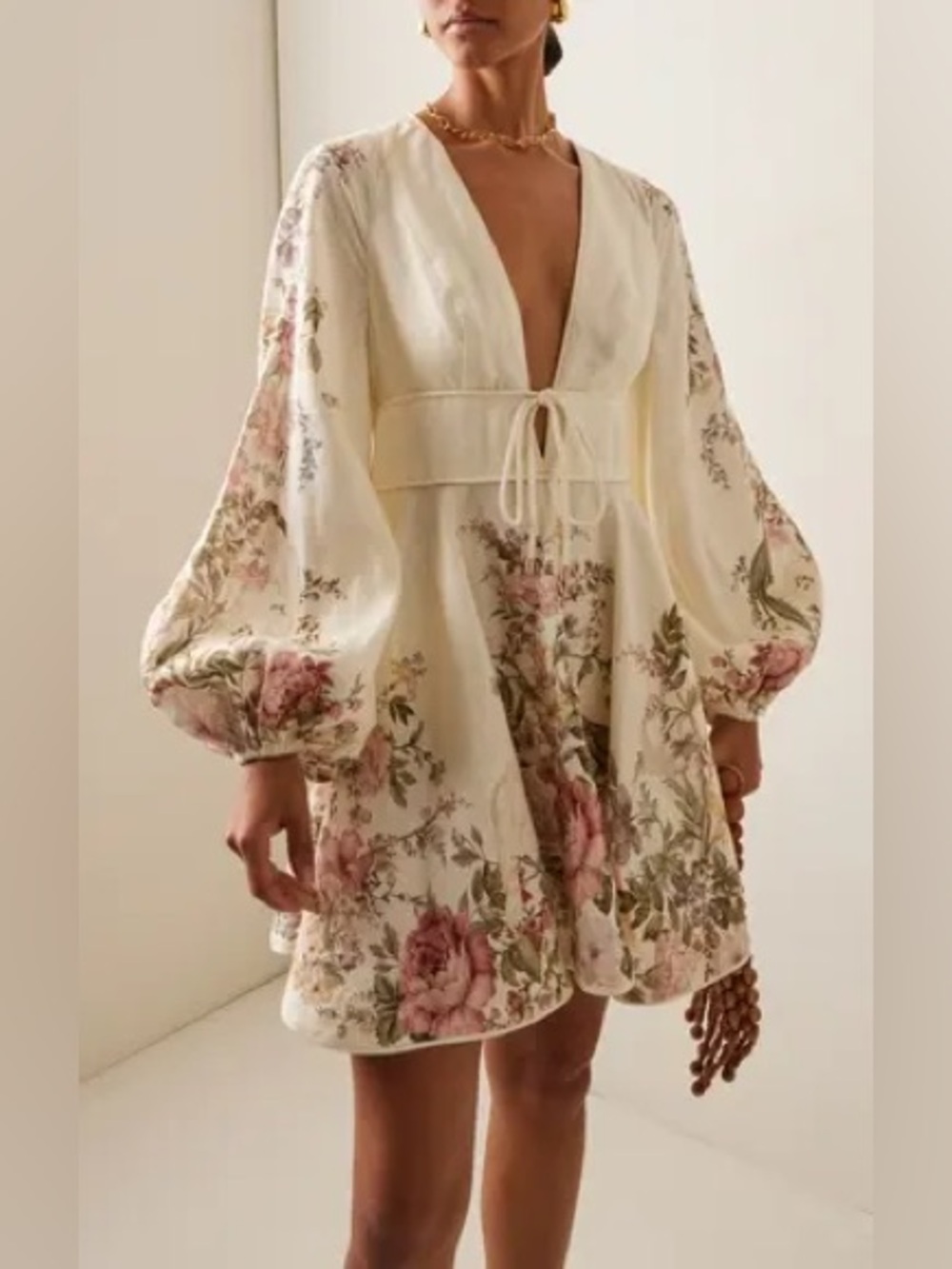 Zimmermann Cream Floral Mini Dress with Pink & Green Accents